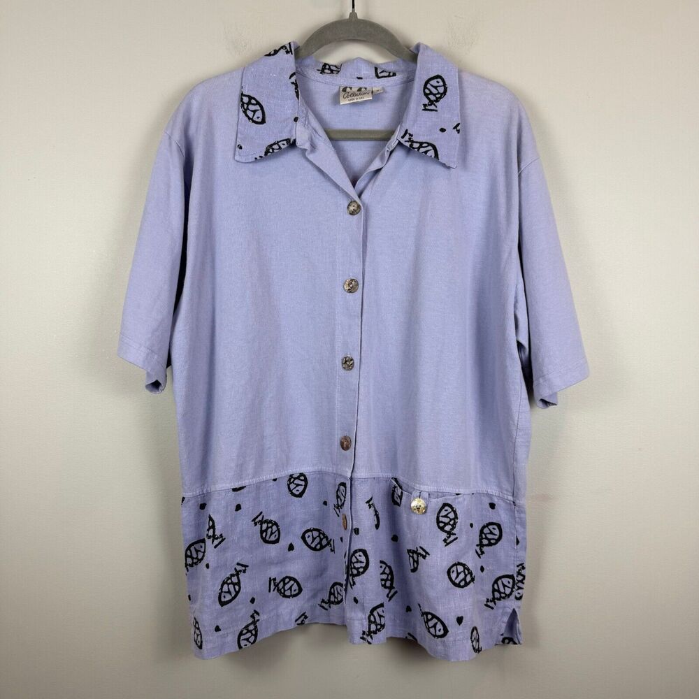 C.C. Collection Button Up Shirt Women's Medium Purple Fish‎ Print Artsy Eclectic